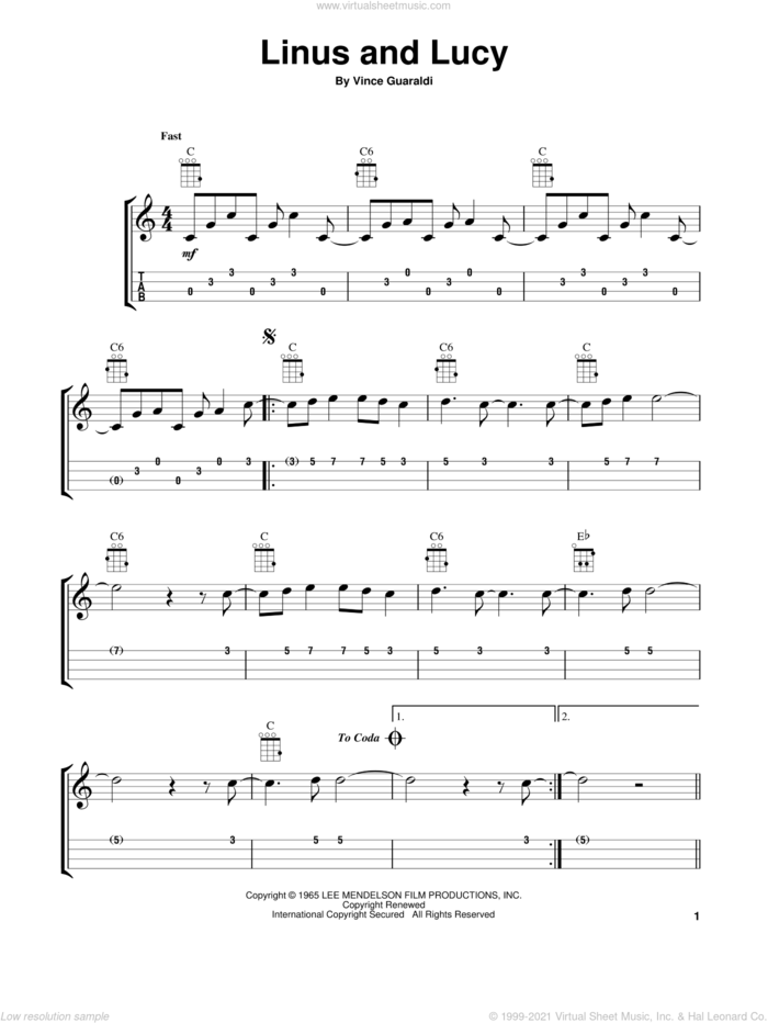 Linus And Lucy sheet music for ukulele by Vince Guaraldi, intermediate skill level