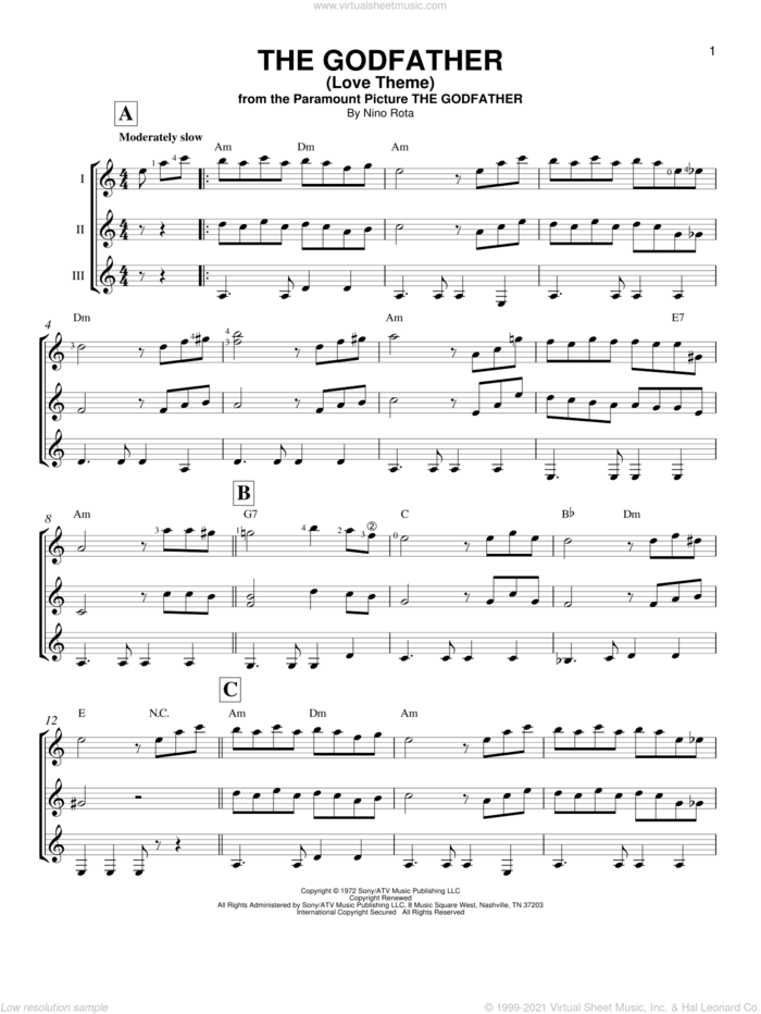 The Godfather (Love Theme) sheet music for guitar ensemble by Nino Rota, intermediate skill level