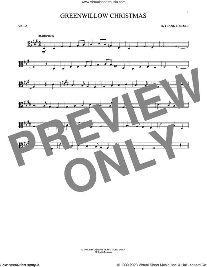 Greenwillow Christmas sheet music for viola solo by Frank Loesser, intermediate skill level