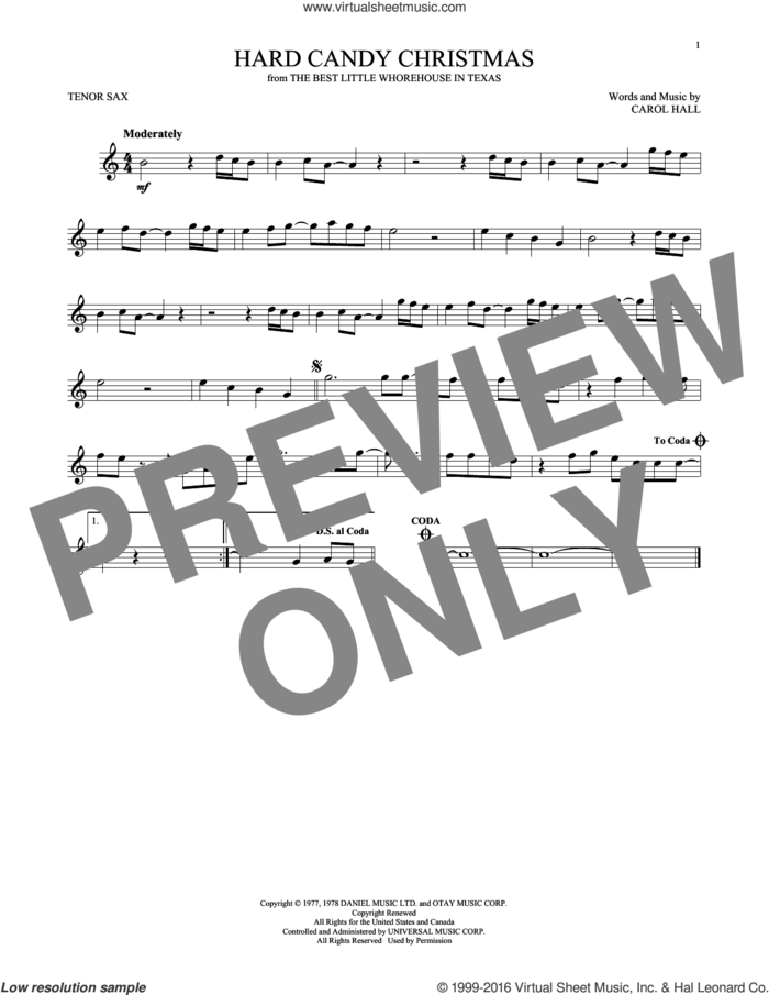 Hard Candy Christmas sheet music for tenor saxophone solo by Dolly Parton and Carol Hall, intermediate skill level