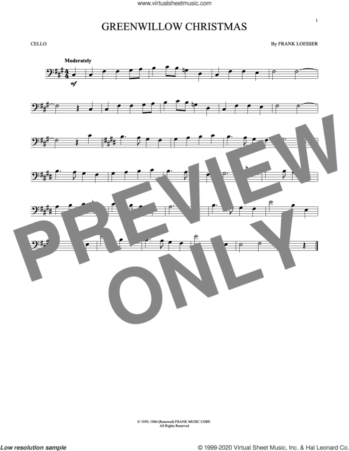 Greenwillow Christmas sheet music for cello solo by Frank Loesser, intermediate skill level