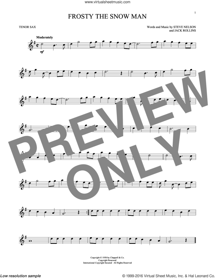 Frosty The Snow Man sheet music for tenor saxophone solo by Steve Nelson, Jack Rollins and Jack Rollins & Steve Nelson, intermediate skill level