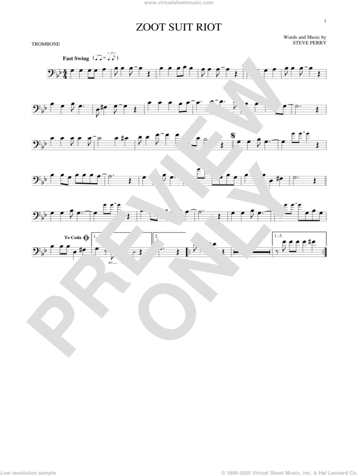 Zoot Suit Riot sheet music for trombone solo by Cherry Poppin' Daddies and Steve Perry, intermediate skill level