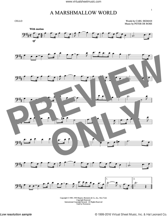 A Marshmallow World sheet music for cello solo by Carl Sigman, Carl Sigman & Peter De Rose and Peter DeRose, intermediate skill level