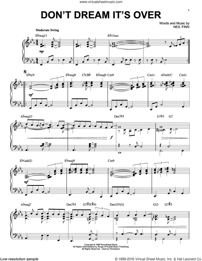 Don't Dream It's Over sheet music for piano solo by Crowded House, Donny Osmond and Neil Finn, intermediate skill level