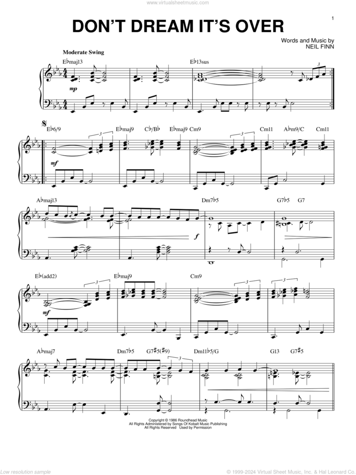 Don't Dream It's Over sheet music for piano solo by Crowded House, Donny Osmond and Neil Finn, intermediate skill level