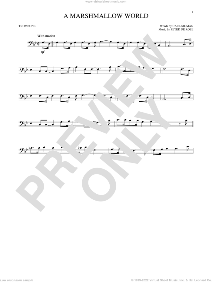 A Marshmallow World sheet music for trombone solo by Carl Sigman, Carl Sigman & Peter De Rose and Peter DeRose, intermediate skill level