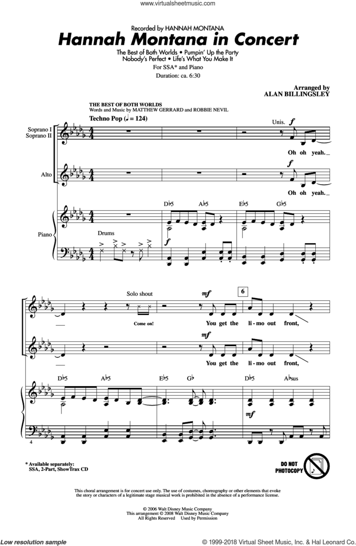 Hannah Montana In Concert sheet music for choir (SSA: soprano, alto) by Matthew Gerrard, Alan Billingsley, Hannah Montana and Robbie Nevil, intermediate skill level