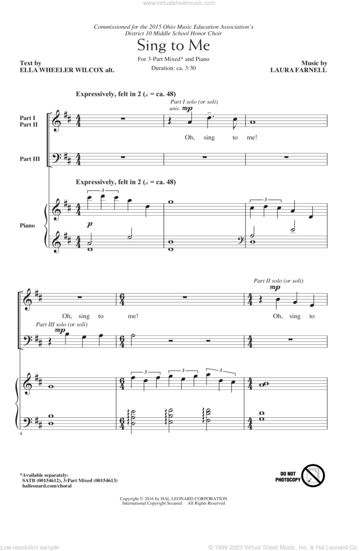 Sing To Me sheet music for choir (3-Part Mixed) by Laura Farnell and Ella Wheeler Wilcox, intermediate skill level