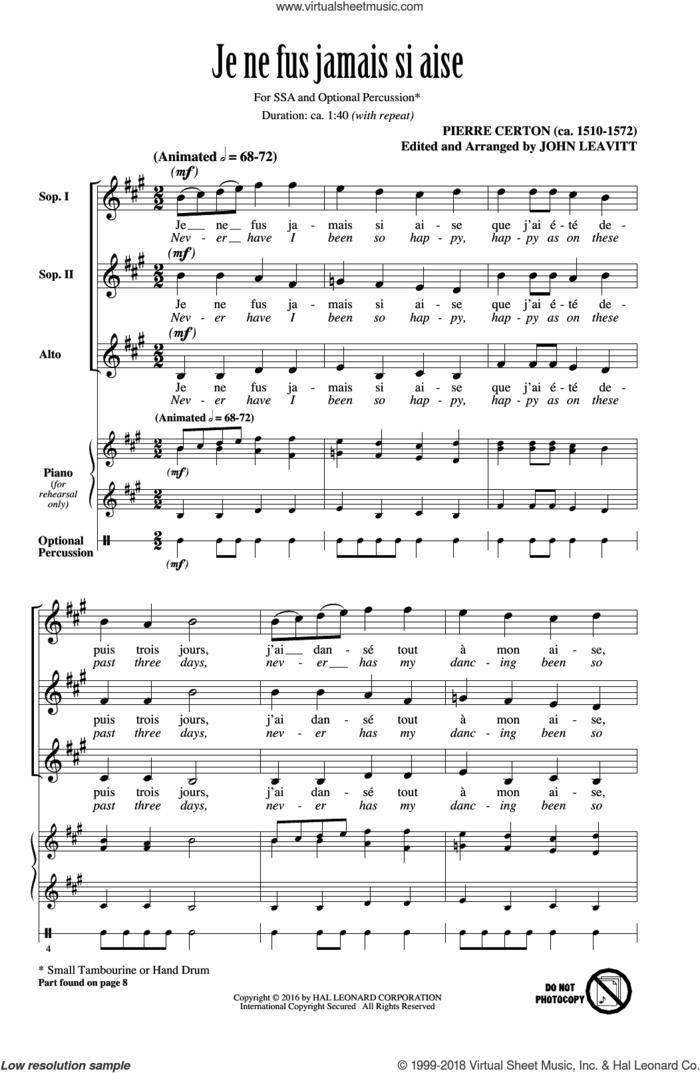 Je Ne Fus Jamais Si Aise sheet music for choir (SSA: soprano, alto) by Pierre Certon and John Leavitt, intermediate skill level