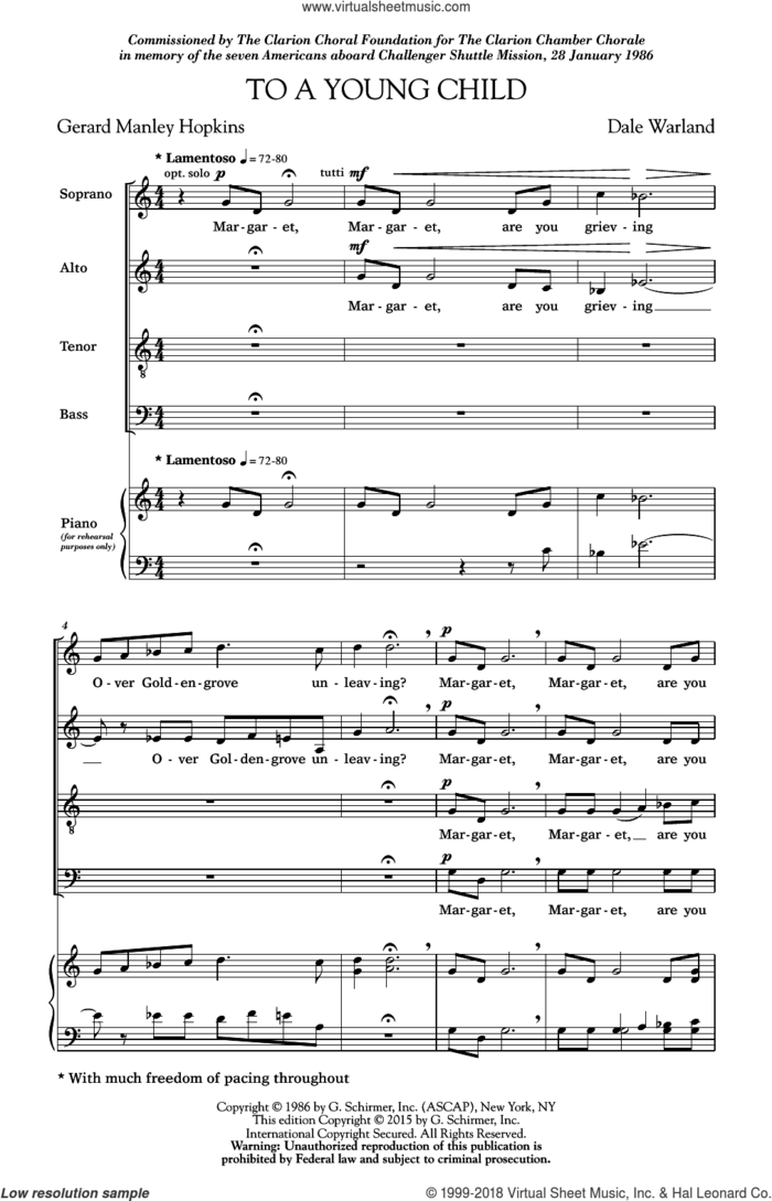 To A Young Child sheet music for choir (SATB: soprano, alto, tenor, bass) by Dale Warland and Gerard Manley Hopkins, intermediate skill level