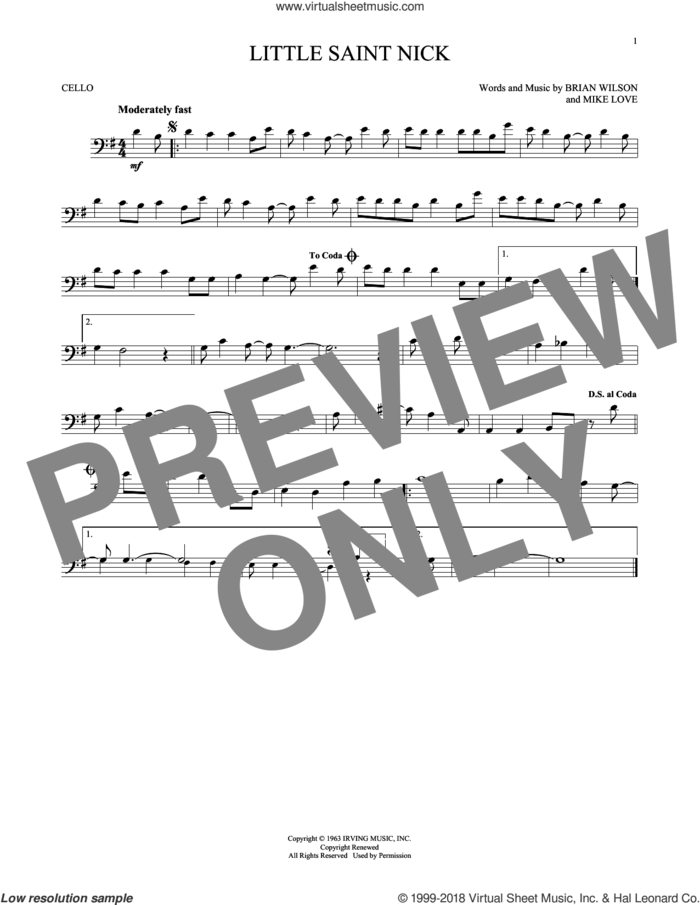Little Saint Nick sheet music for cello solo by The Beach Boys, Brian Wilson and Mike Love, intermediate skill level