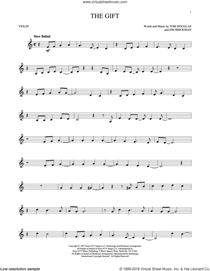 The Gift sheet music for violin solo by Jim Brickman, Collin Raye and Tom Douglas, intermediate skill level