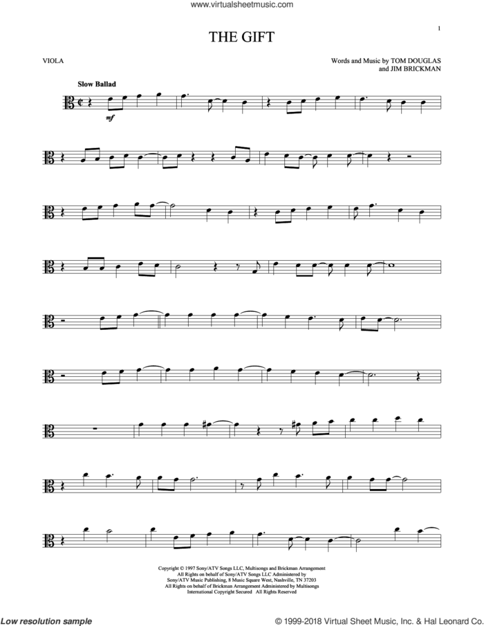 The Gift sheet music for viola solo by Jim Brickman, Collin Raye and Tom Douglas, intermediate skill level