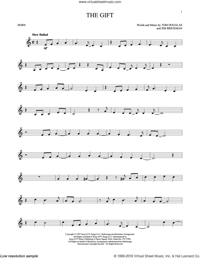 The Gift sheet music for horn solo by Jim Brickman, Collin Raye and Tom Douglas, intermediate skill level