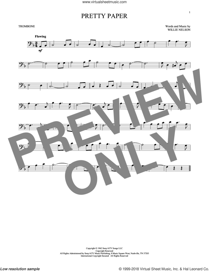 Pretty Paper sheet music for trombone solo by Willie Nelson and Roy Orbison, intermediate skill level
