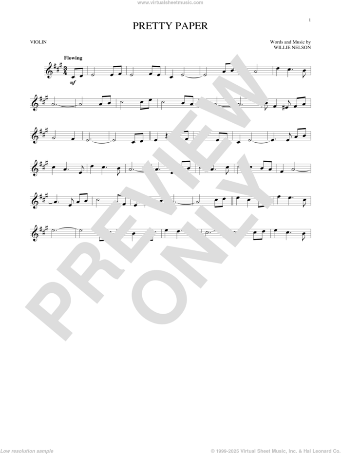 Pretty Paper sheet music for violin solo by Willie Nelson, intermediate skill level