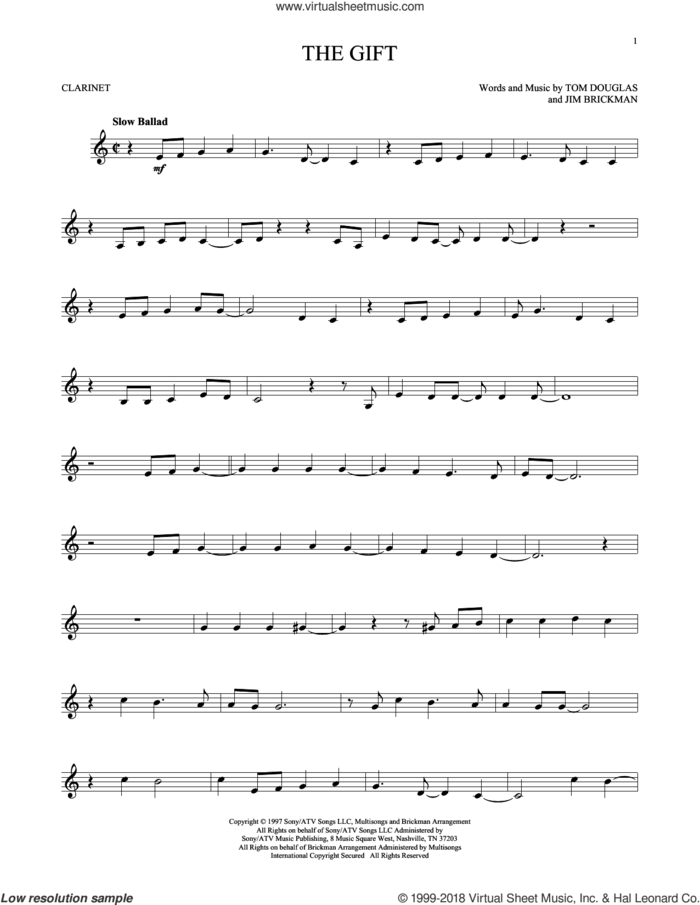 The Gift sheet music for clarinet solo by Jim Brickman, Collin Raye and Tom Douglas, intermediate skill level