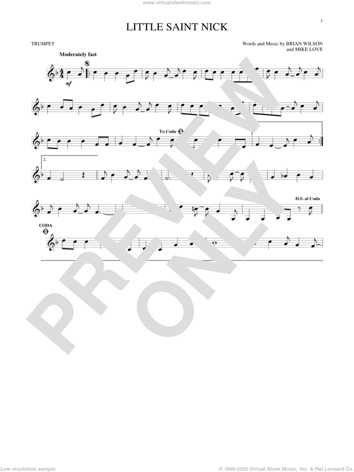 Little Saint Nick sheet music for trumpet solo by The Beach Boys, Brian Wilson and Mike Love, intermediate skill level