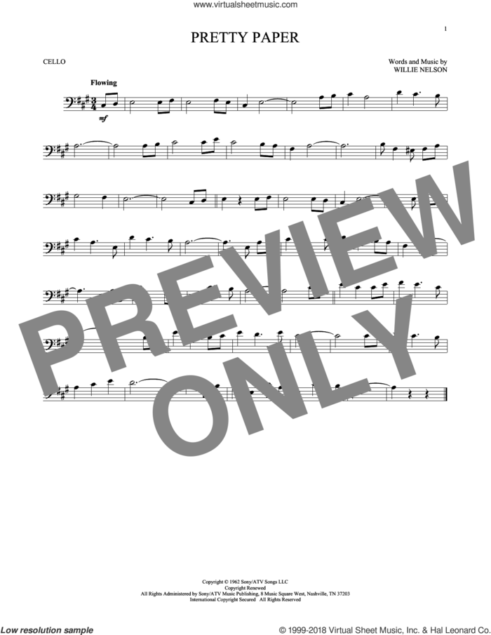 Pretty Paper sheet music for cello solo by Willie Nelson, intermediate skill level