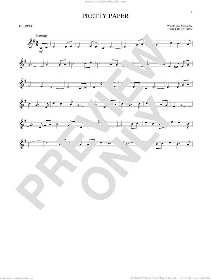 Pretty Paper sheet music for trumpet solo by Willie Nelson, intermediate skill level