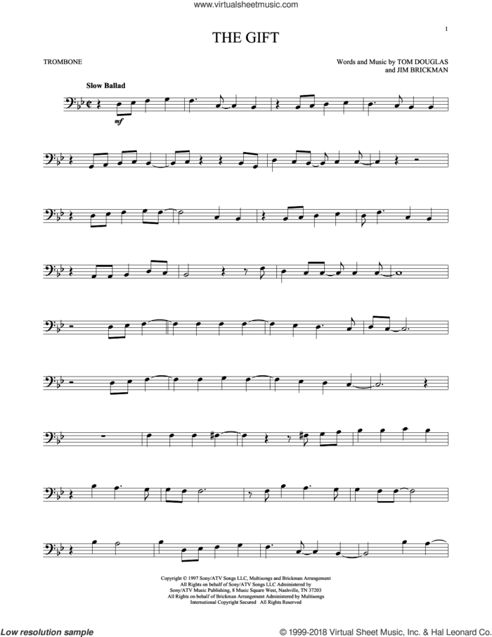 The Gift sheet music for trombone solo by Jim Brickman, Collin Raye and Tom Douglas, intermediate skill level
