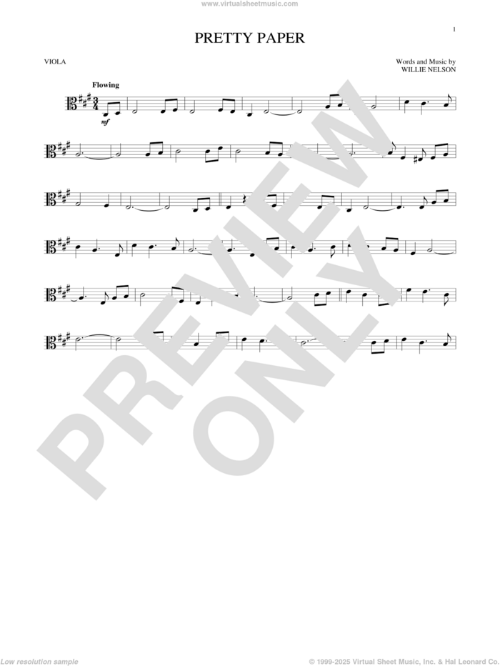 Pretty Paper sheet music for viola solo by Willie Nelson, intermediate skill level