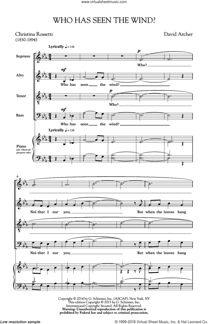 Who Has Seen The Wind sheet music for choir (SATB: soprano, alto, tenor, bass) by David Archer and Christina Rossetti, intermediate skill level