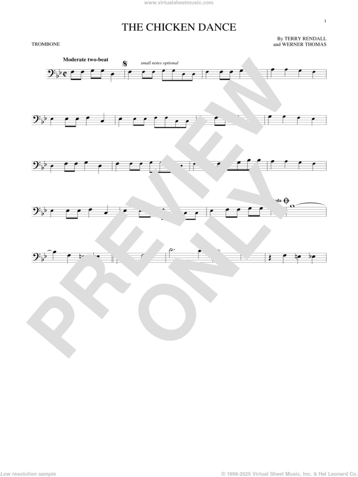 The Chicken Dance sheet music for trombone solo by Werner Thomas, Paul Parnes and Terry Rendall, wedding score, intermediate skill level