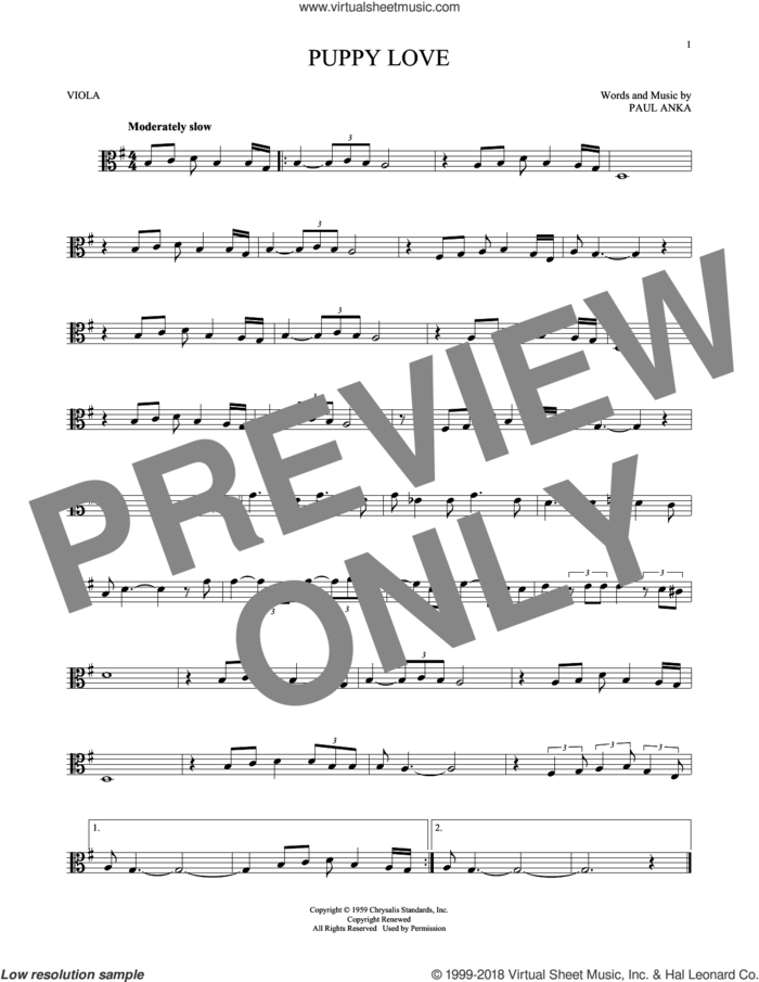 Puppy Love sheet music for viola solo by Paul Anka and Donny Osmond, intermediate skill level