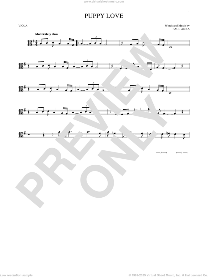 Puppy Love sheet music for viola solo by Paul Anka and Donny Osmond, intermediate skill level