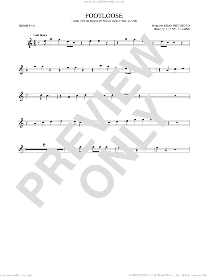 Footloose sheet music for tenor saxophone solo by Kenny Loggins, Blake Shelton and Dean Pitchford, intermediate skill level