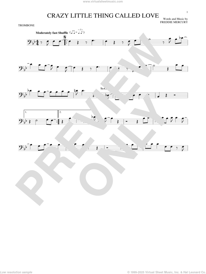 Crazy Little Thing Called Love sheet music for trombone solo by Queen, Dwight Yoakam and Freddie Mercury, intermediate skill level