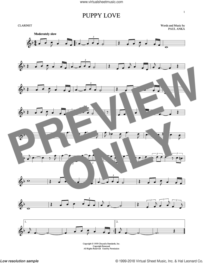 Puppy Love sheet music for clarinet solo by Paul Anka and Donny Osmond, intermediate skill level