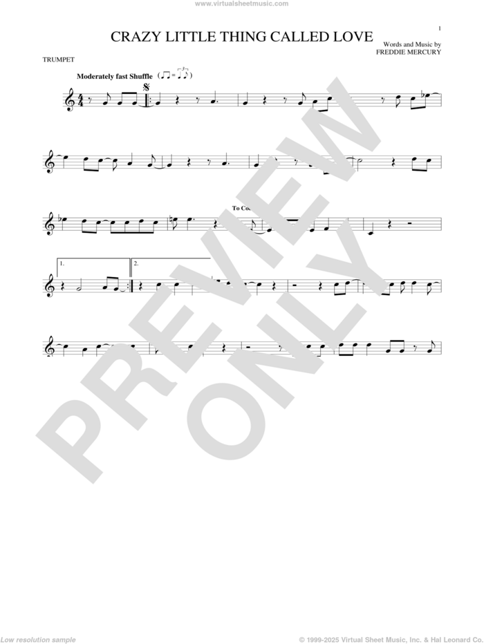 Crazy Little Thing Called Love sheet music for trumpet solo by Queen, Dwight Yoakam and Freddie Mercury, intermediate skill level