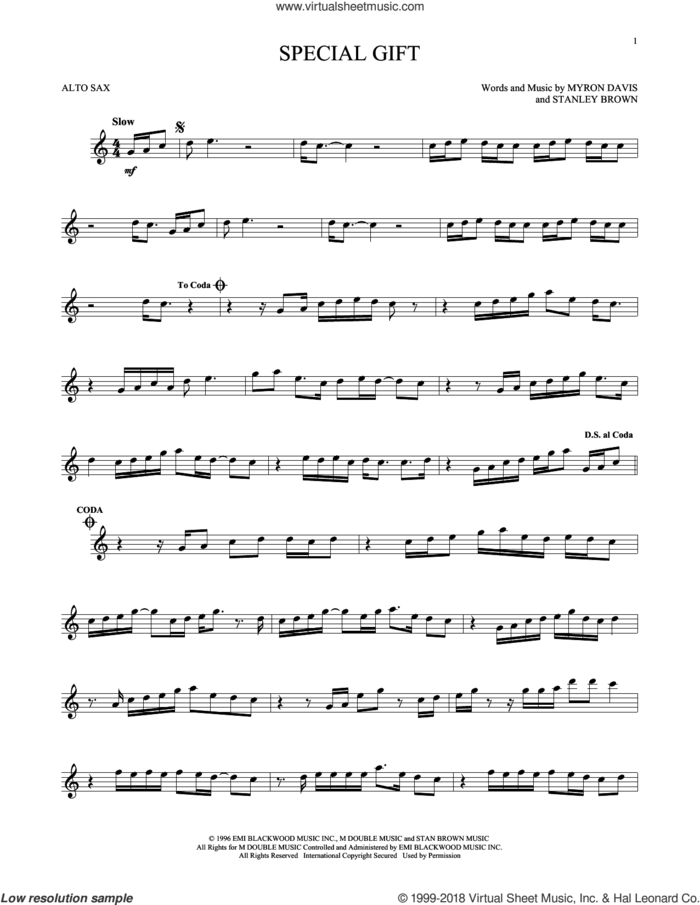 Special Gift sheet music for alto saxophone solo by The Isley Bros., Myron Davis and Stanley Brown, intermediate skill level