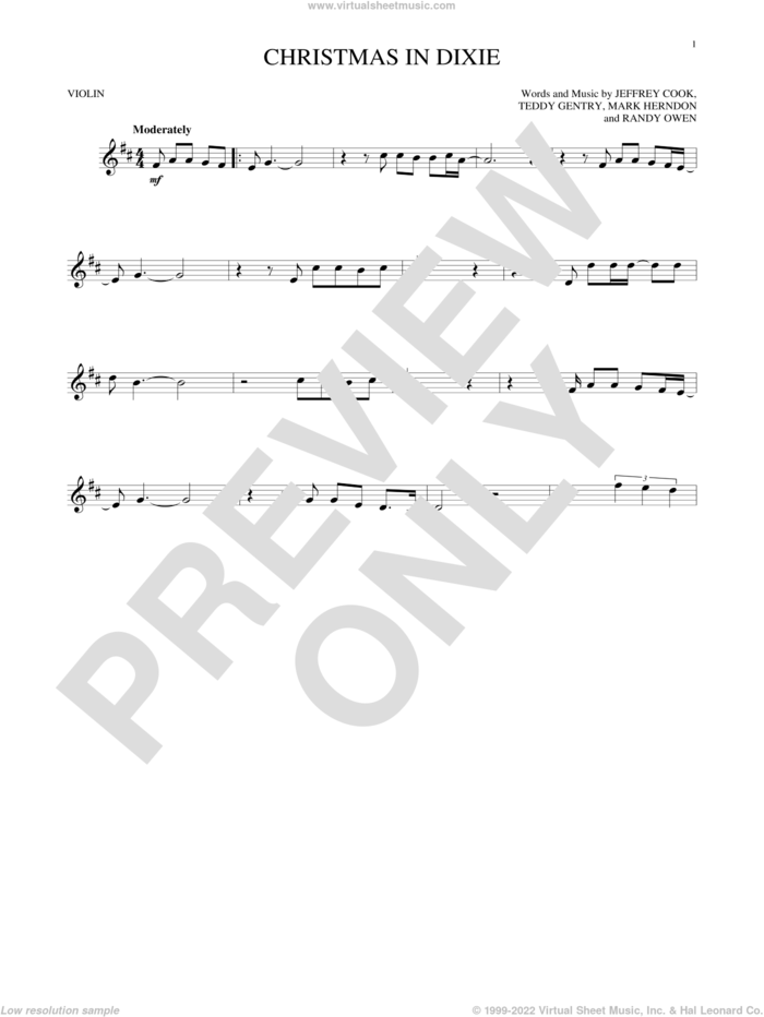 Christmas In Dixie sheet music for violin solo by Alabama, Jeffrey Cook, Mark Herndon, Randy Owen and Teddy Gentry, intermediate skill level