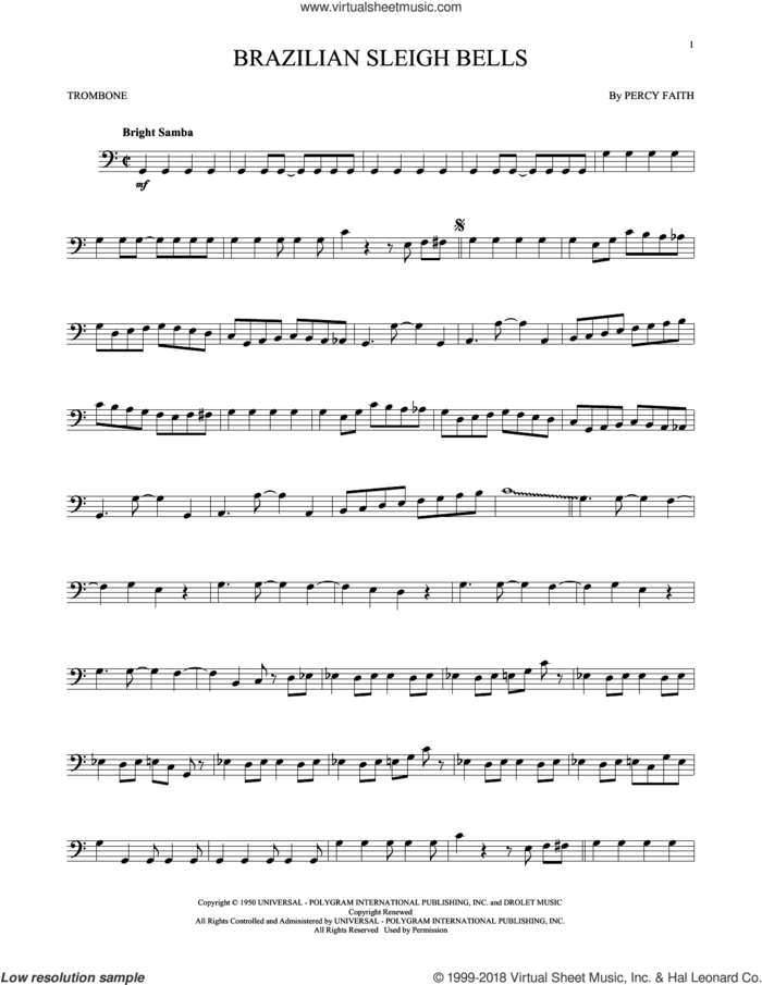Brazilian Sleigh Bells sheet music for trombone solo by Percy Faith, intermediate skill level