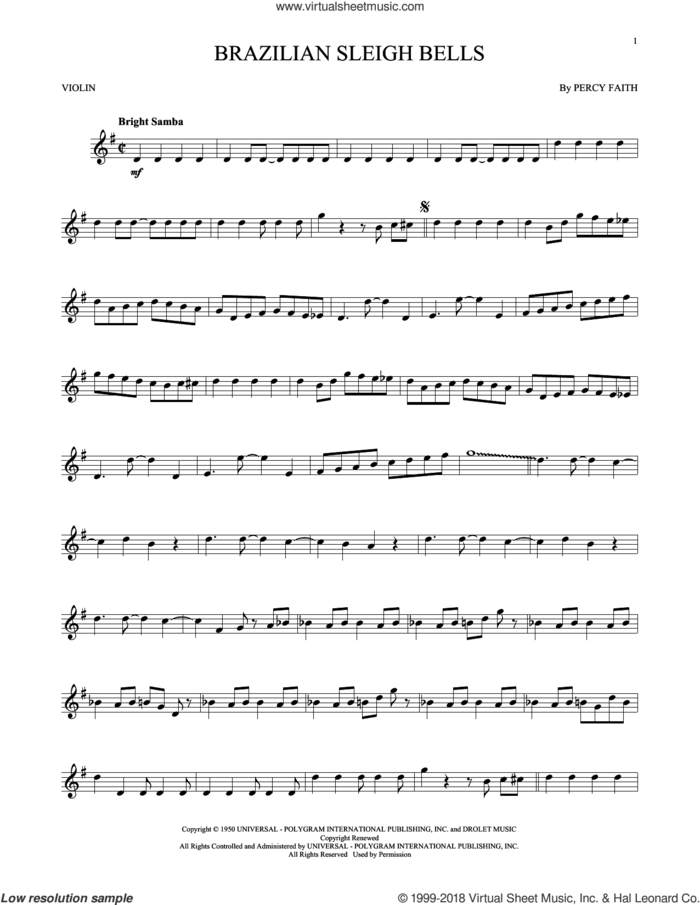 Brazilian Sleigh Bells sheet music for violin solo by Percy Faith, intermediate skill level