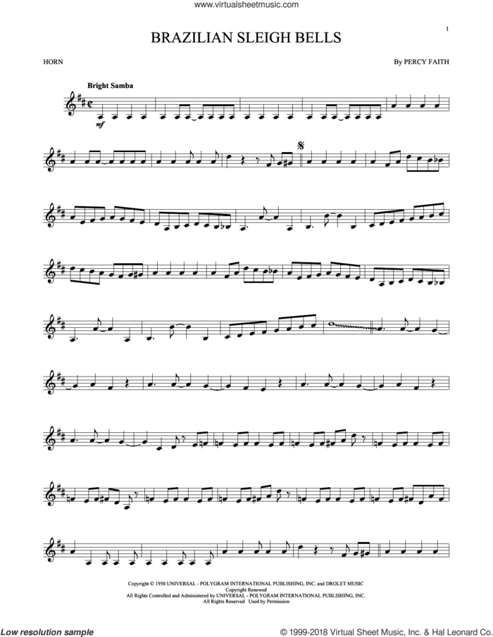 Brazilian Sleigh Bells sheet music for horn solo by Percy Faith, intermediate skill level