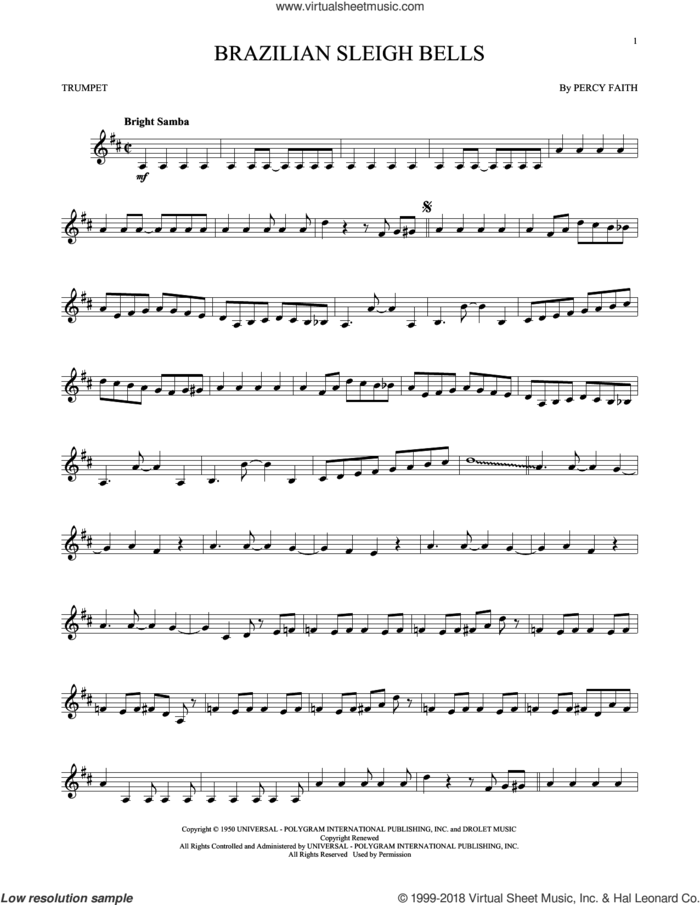 Brazilian Sleigh Bells sheet music for trumpet solo by Percy Faith, intermediate skill level