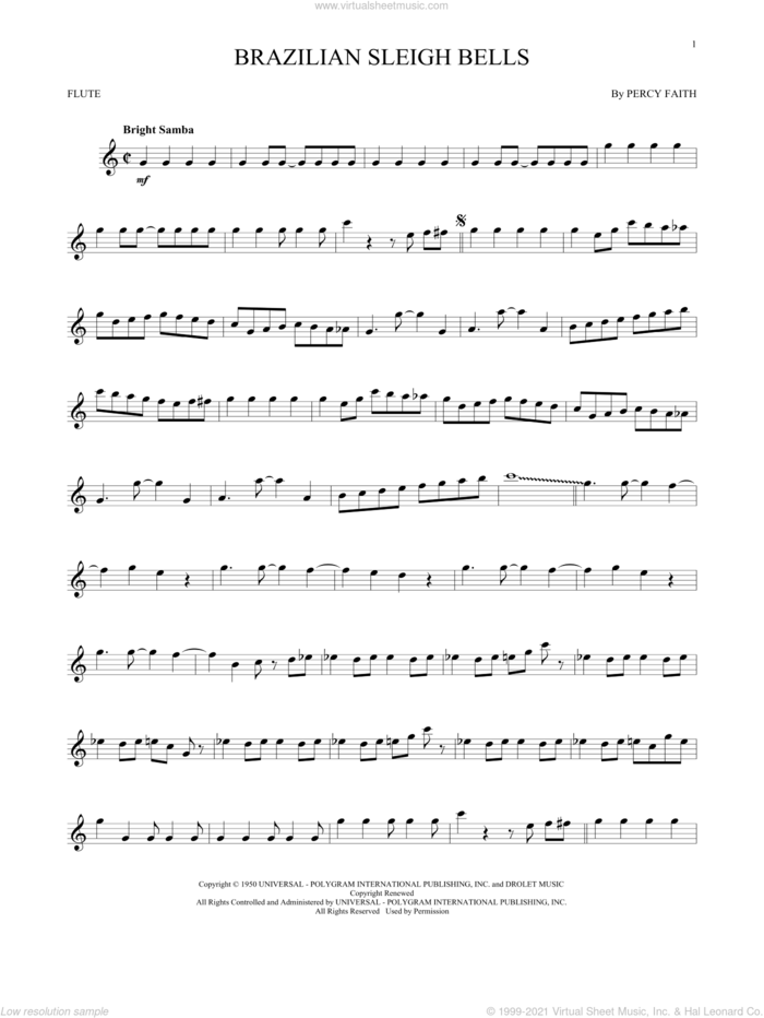 Brazilian Sleigh Bells sheet music for flute solo by Percy Faith, intermediate skill level