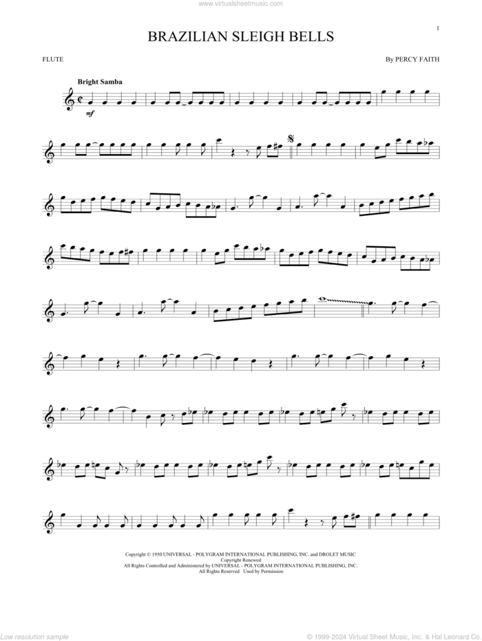 Brazilian Sleigh Bells sheet music for flute solo by Percy Faith, intermediate skill level