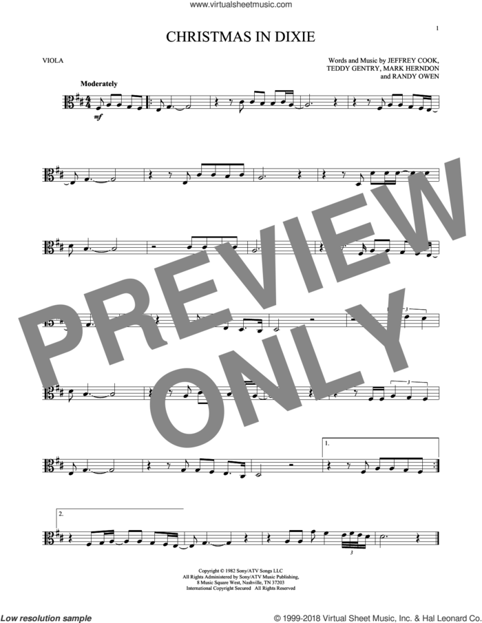 Christmas In Dixie sheet music for viola solo by Alabama, Jeffrey Cook, Mark Herndon, Randy Owen and Teddy Gentry, intermediate skill level