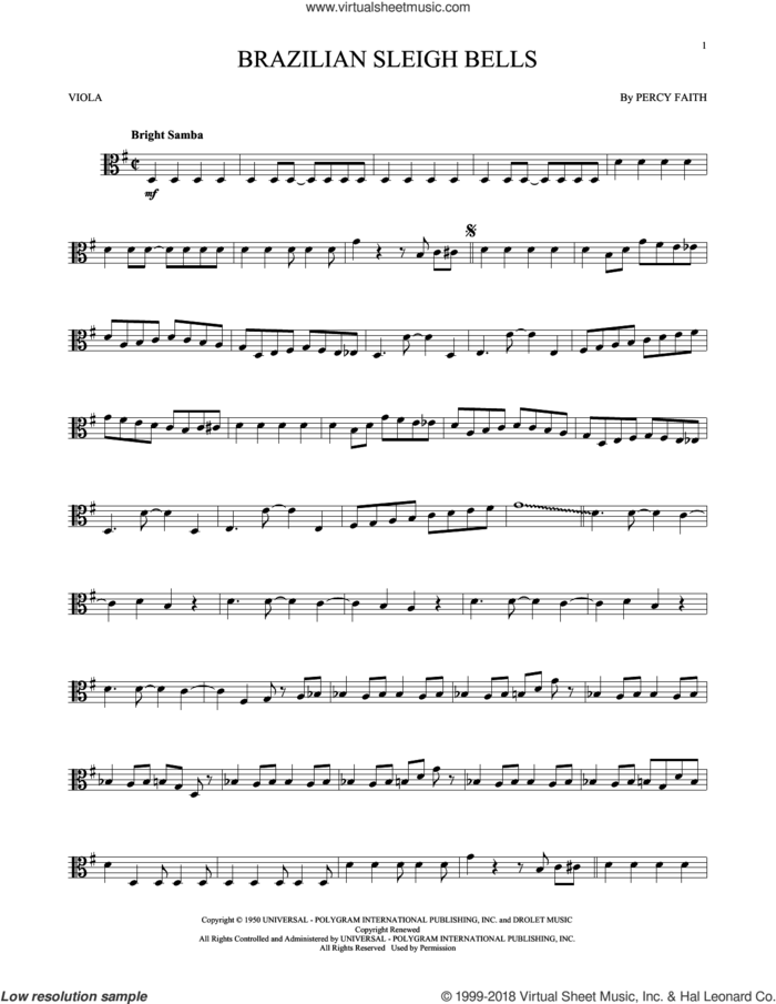 Brazilian Sleigh Bells sheet music for viola solo by Percy Faith, intermediate skill level