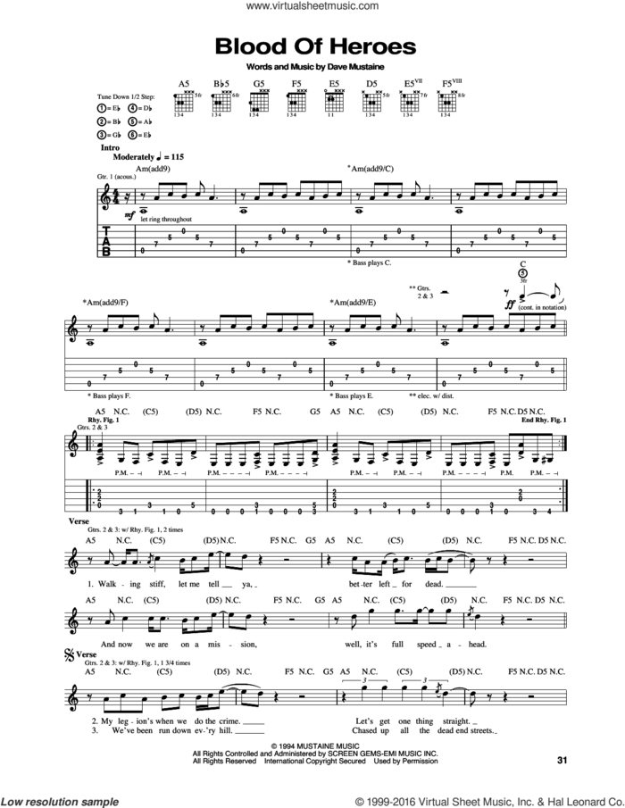 Blood Of Heroes sheet music for guitar (tablature) by Megadeth, Dave Ellefson, Dave Mustaine, Martin Friedman and Nick Menza, intermediate skill level
