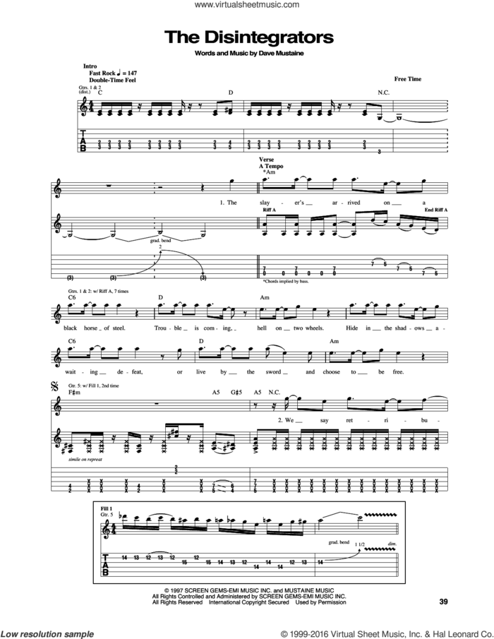 The Disintegrators sheet music for guitar (tablature) by Megadeth and Dave Mustaine, intermediate skill level