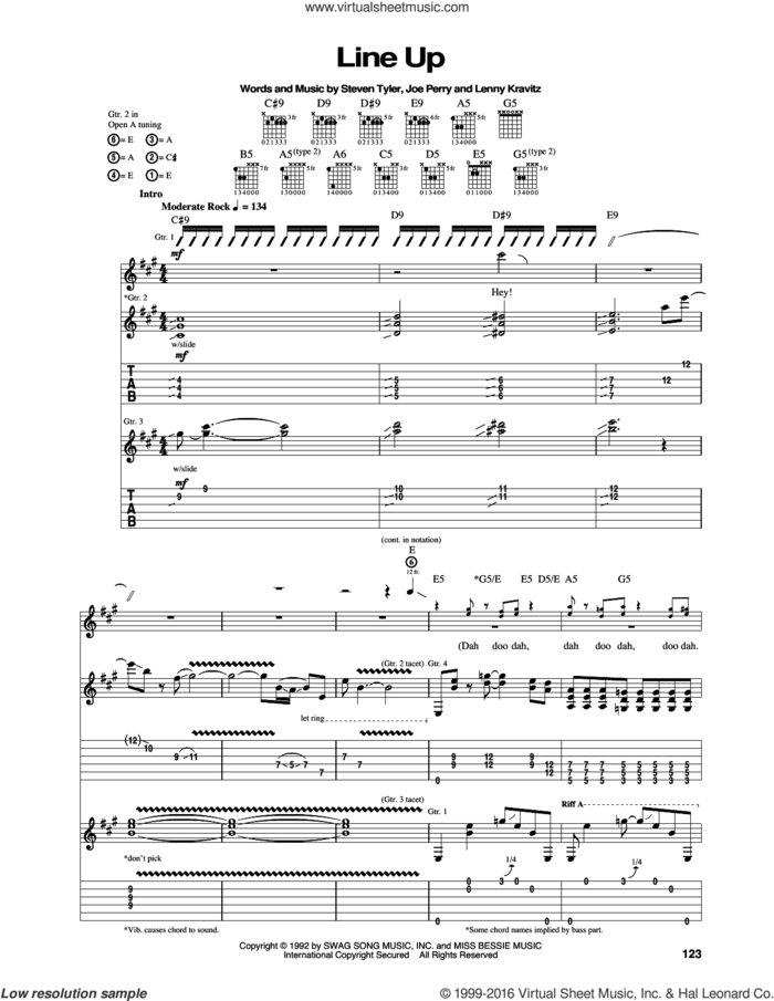 Line Up sheet music for guitar (tablature) by Aerosmith, Joe Perry, Lenny Kravitz and Steven Tyler, intermediate skill level