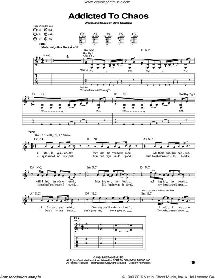 Addicted To Chaos sheet music for guitar (tablature) by Megadeth, Dave Ellefson, Dave Mustaine, Martin Friedman and Nick Menza, intermediate skill level