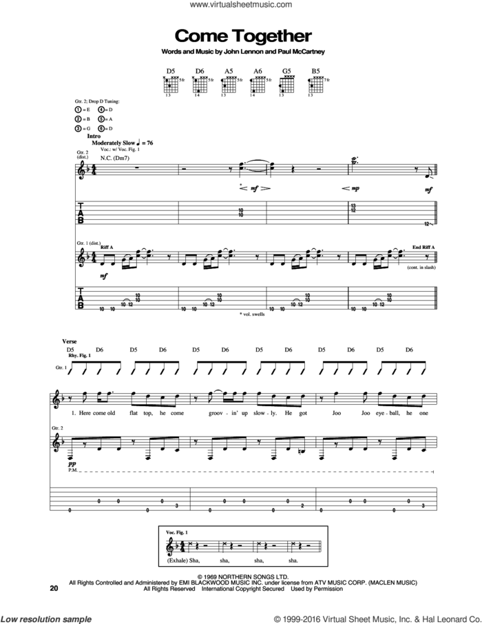 Come Together sheet music for guitar (tablature) by Aerosmith, The Beatles, John Lennon and Paul McCartney, intermediate skill level